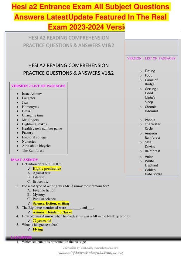 Hesi a2 Entrance Exam All Subject Questions  Answers Latest Update Featured In The Real  Exam