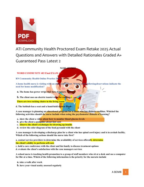 ATI Community Health Proctored Exam Retake 2025 Actual  Questions and Answers with Detailed Rationales Graded A+  Guaranteed Pass Latest 2  NURS 403/2025  WORD COMMUNITY 403 Final EXAM ATI