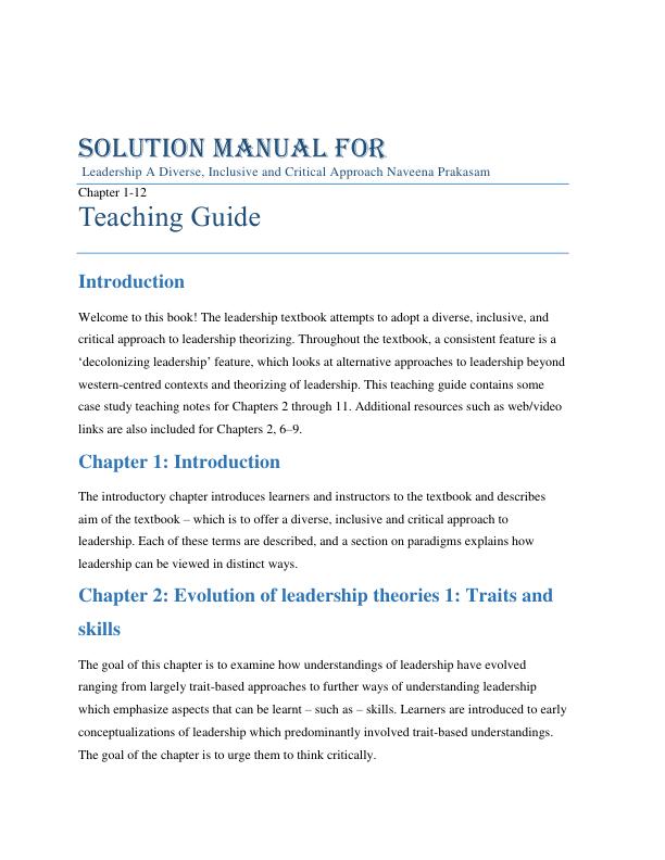 Solution Manual For Leadership A Diverse, Inclusive and Critical Approach Naveena Prakasam