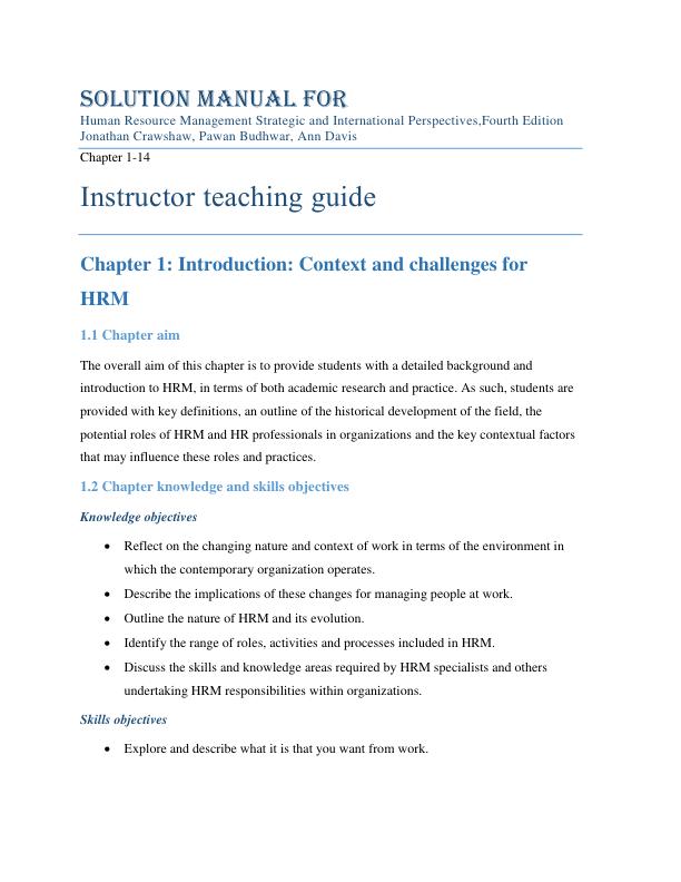 Solution Manual For Human Resource Management Strategic and International Perspectives,Fourth Edition Jonathan Crawshaw, Pawan Budhwar, Ann Davis