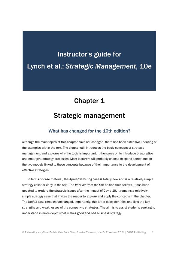 Solution Manual For Strategic Management Tenth Edition (Revised and Updated Edition) Richard Lynch, Oliver Barish, Vinh Sum Chau, Charles Thornton, Karl S. R. Warner