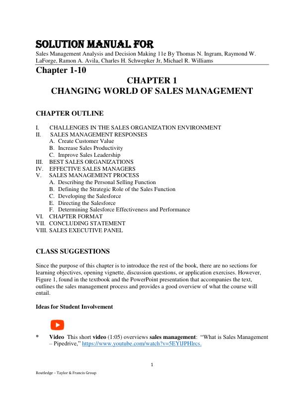 Solution Manual For Sales Management Analysis and Decision Making 11th Edition By Thomas N. Ingram, Raymond W. LaForge, Ramon A. Avila, Charles H. Schwepker Jr, Michael R. Williams