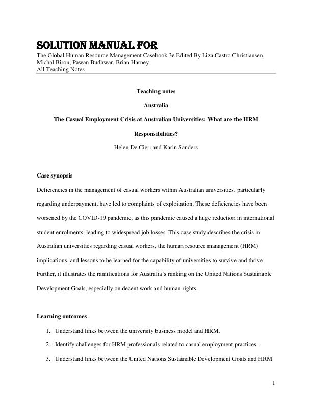 Solution Manual For The Global Human Resource Management Casebook 3rd Edited By Liza Castro Christiansen, Michal Biron, Pawan Budhwar, Brian Harney
