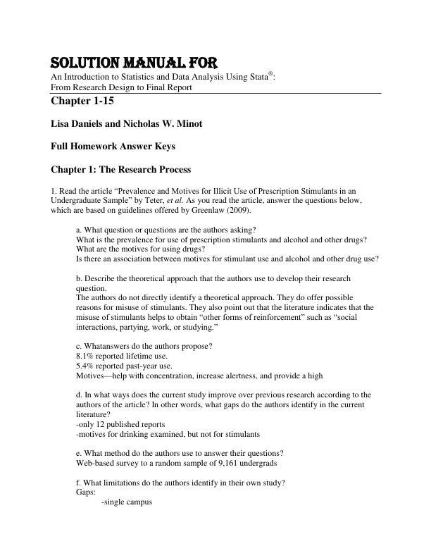 Solution Manual For An Introduction to Statistics and Data Analysis Using Stata® From Research Design to Final Report,First Edition Lisa Daniels, Nicholas Minot
