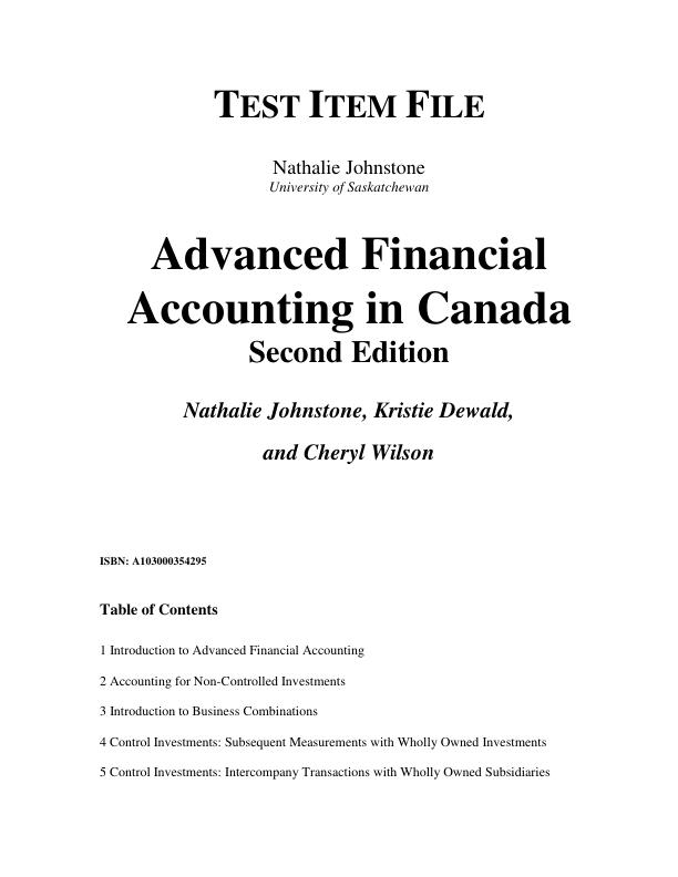 Test Bank For Advanced Financial Accounting in Canada, 2nd Edition By Nathalie Johnstone Kristie Dewald Cheryl Wilson Durham
