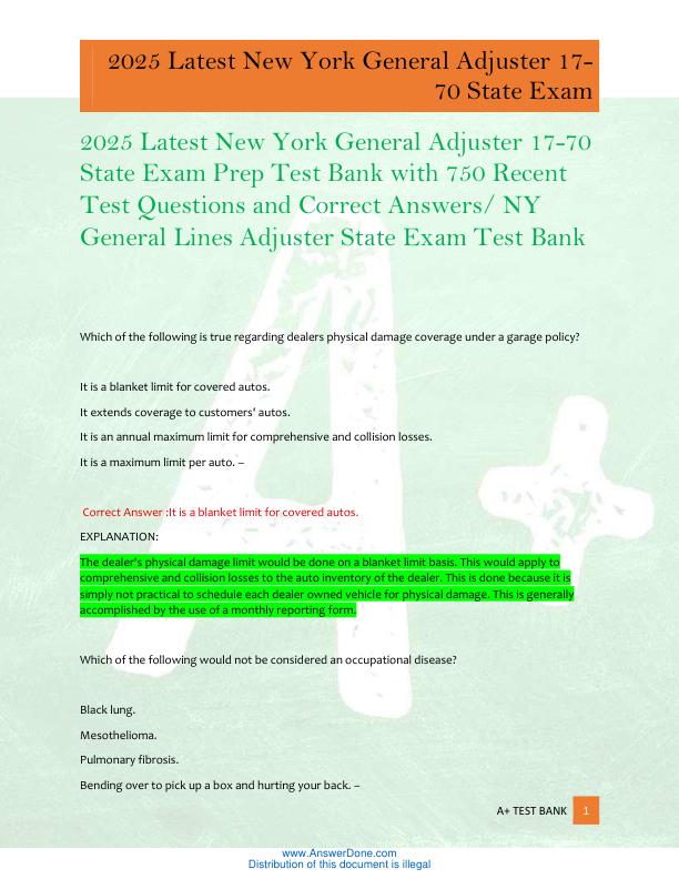 mobile-preview-2025 Latest New York General Adjuster 17-70  State Exam Prep Test Bank with 750 Recent  Test Questions and Correct Answers/ NY  General Lines Adjuster State Exam Test Bank