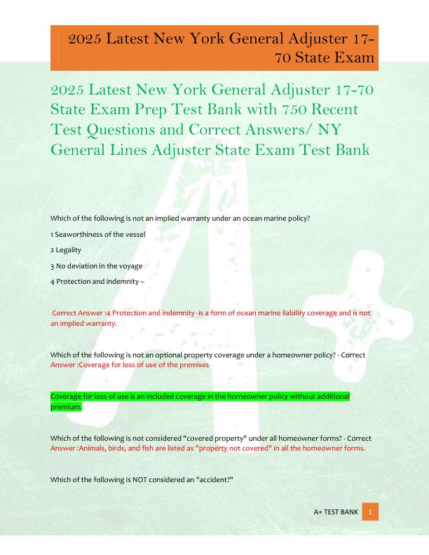 mobile-preview-2025 Latest New York General Adjuster 17-70  State Exam Prep Test Bank with 750 Recent  Test Questions and Correct Answers/ NY  General Lines Adjuster State Exam Test Bankr