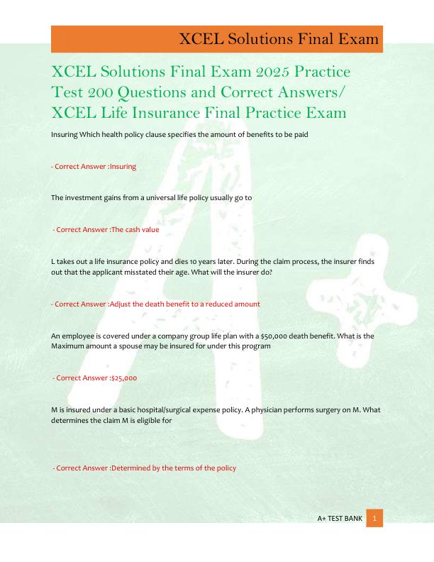 mobile-preview-XCEL Solutions Final Exam 2025 Practice  Test 200 Questions and Correct Answers/  XCEL Life Insurance Final Practice Exam 