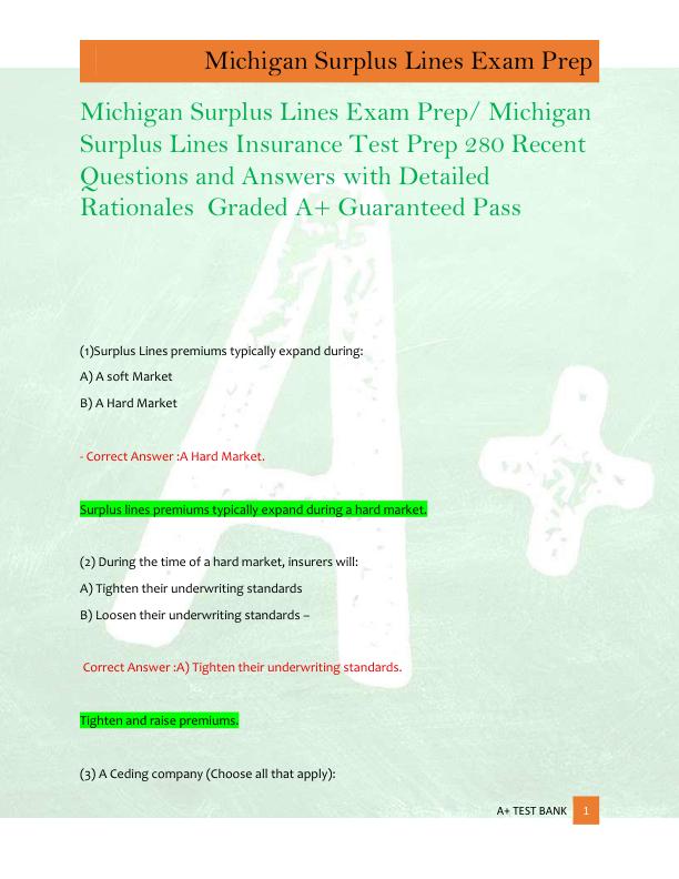 mobile-preview-  A+ TEST BANK 1    Michigan Surplus Lines Exam Prep/ Michigan  Surplus Lines Insurance Test Prep 280 Recent  Questions and Answers with Detailed  Rationales  Graded A+ Guaranteed Pass  