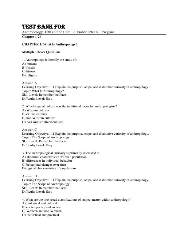Test Bank For Anthropology, 16th Edition  By Carol R. Ember Peter N. Peregrine