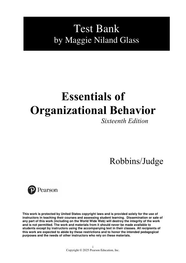Test Bank For Essentials of Organizational Behavior, 16th Edition By Stephen P. Robbins Timothy A. Judge