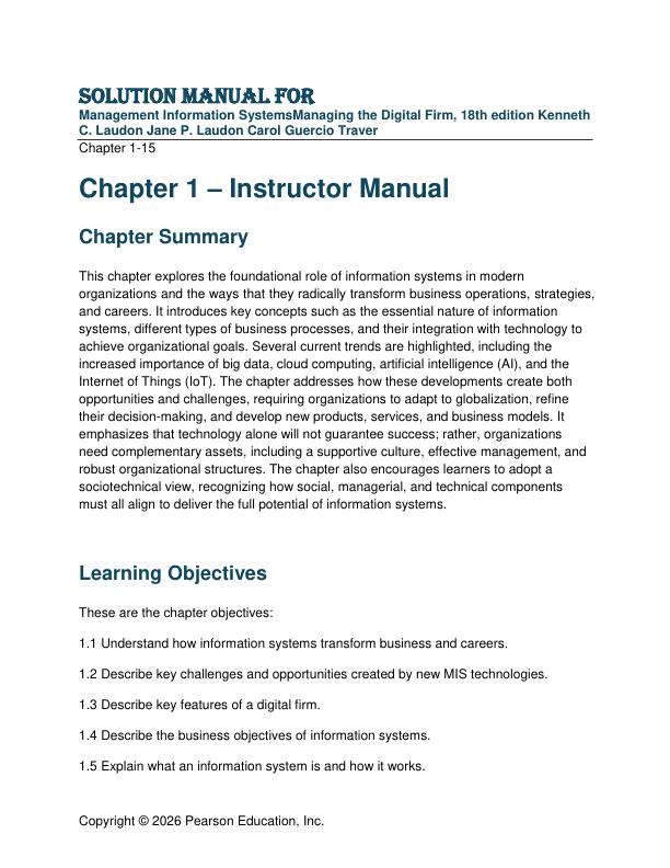 Solution Manul For Management Information SystemsManaging the Digital Firm, 18th edition Kenneth C. Laudon Jane P. Laudon Carol Guercio Traver