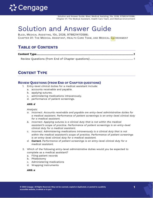 Solution Manul For Medical Assisting Administrative & Clinical Competencies 10th Edition Michelle Blesi