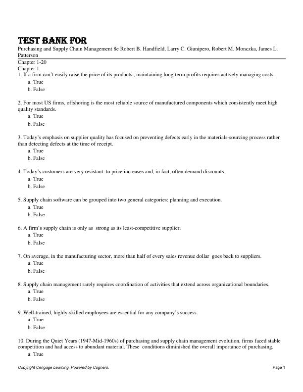 Test Bank For Purchasing and Supply Chain Management 8e Robert B. Handfield, Larry C. Giunipero, Robert M. Monczka, James L. Patterson