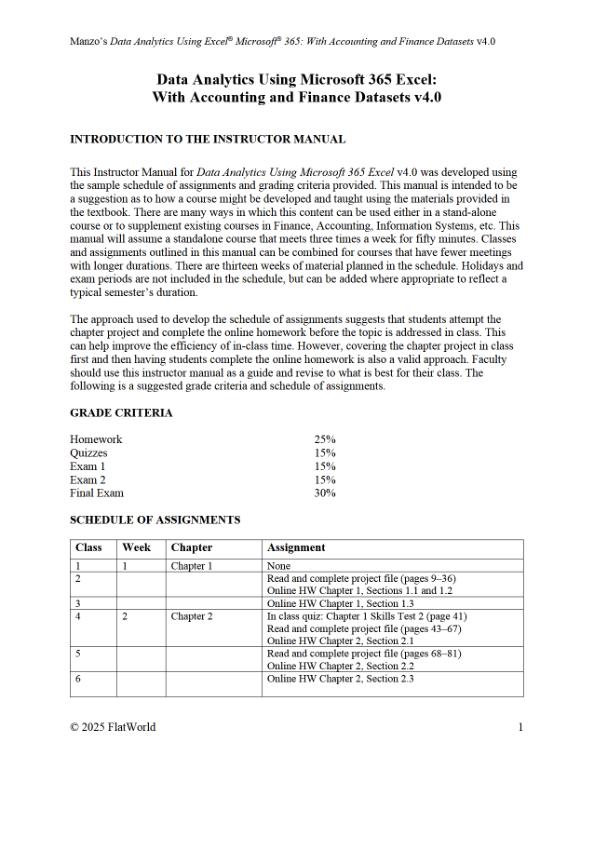 Solution Manual For Data Analytics Using Excel® Microsoft® 365 With Accounting and Finance Datasets (with SmartGrader for Excel) Version 4.0 By Joseph M. Manzo