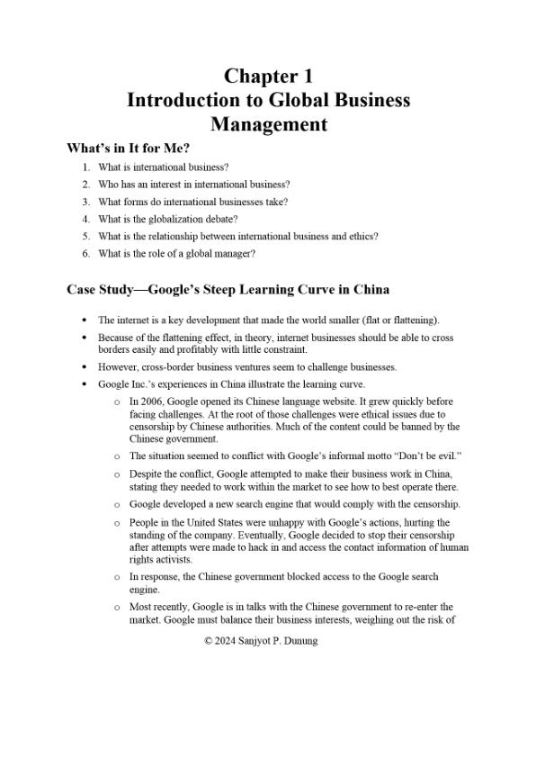 Solution Manual For Global Business Management Version 2.0 By Sanjyot P. Dunung Chapter 1-15