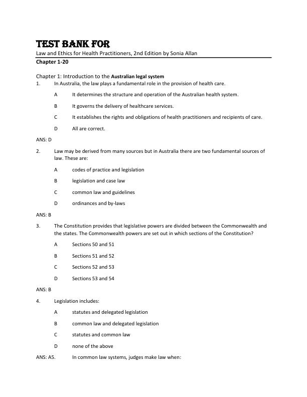 Test Bank For Law and Ethics for Health Practitioners, 2nd Edition by Sonia Allan Chapter 1-20