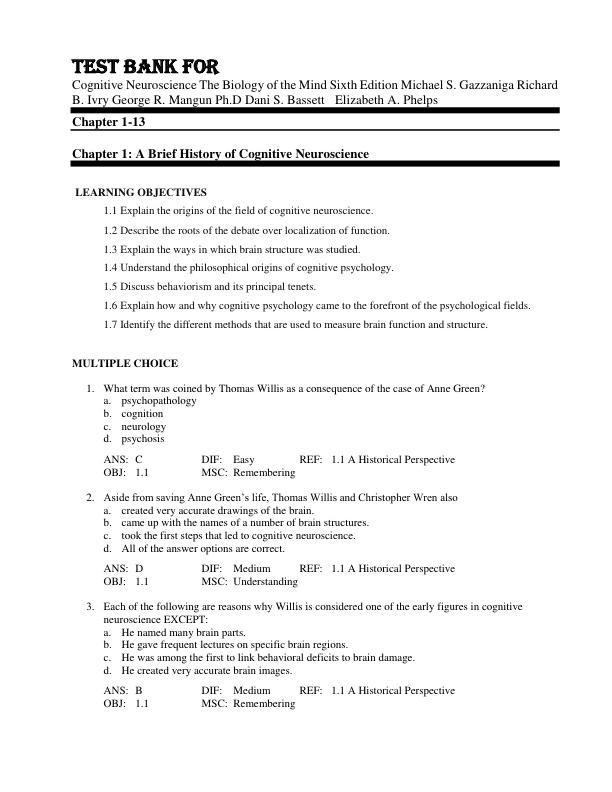 Test Bank For Cognitive Neuroscience The Biology of the Mind Sixth Edition Michael S. Gazzaniga Richard B. Ivry George R. Mangun Ph.D Dani S. Bassett  Elizabeth A. Phelps Chapter 1-13
