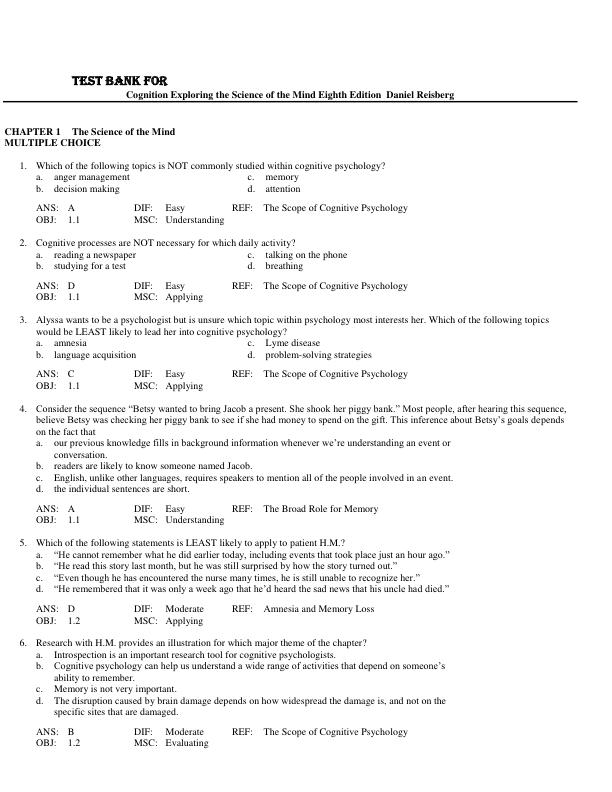 Test Bank for Cognition Exploring the Science of the Mind Eighth Edition  Daniel Reisberg