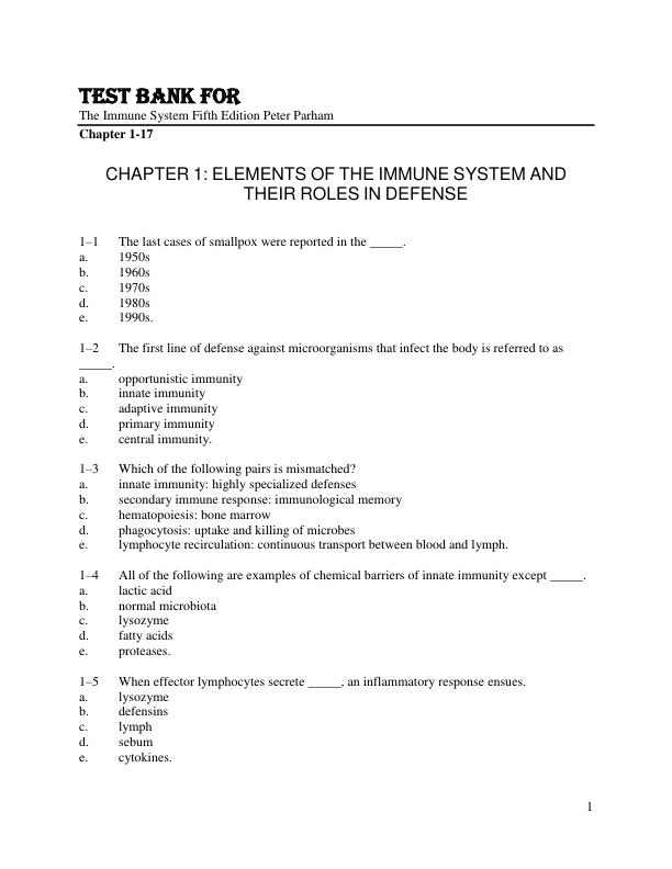 Test Bank For The Immune System Fifth Edition Peter Parham Chapter 1-17