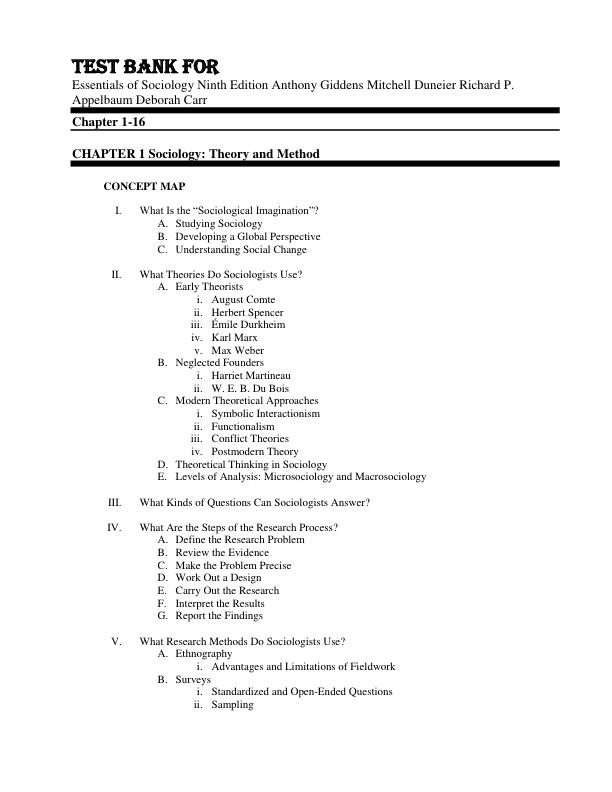 Test Bank For Essentials of Sociology Ninth Edition Anthony Giddens Mitchell Duneier Richard P. Appelbaum Deborah Carr Chapter 1-16