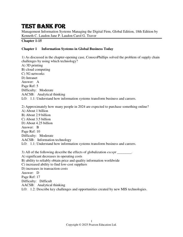Test Bank For Management Information Systems Managing the Digital Firm, Global Edition, 18th Edition by Kenneth C. Laudon Jane P. Laudon Carol G. Traver Chapter 1-15