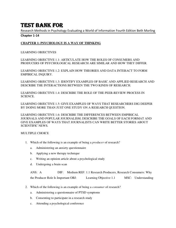 Test Bank For Research Methods in Psychology Evaluating a World of Information Fourth Edition Beth Morling Chapter 1-14