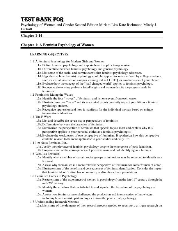 Test Bank For Psychology of Women and Gender Second Edition Miriam Liss Kate Richmond Mindy J. Erchull Chapter 1-14