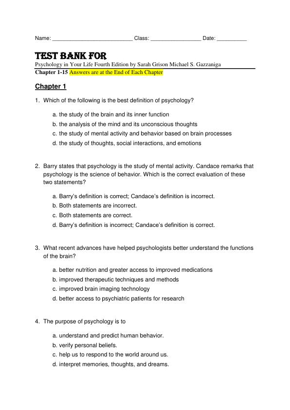 Test Bank For Psychology in Your Life Fourth Edition by Sarah Grison Michael S. Gazzaniga Chapter 1-15