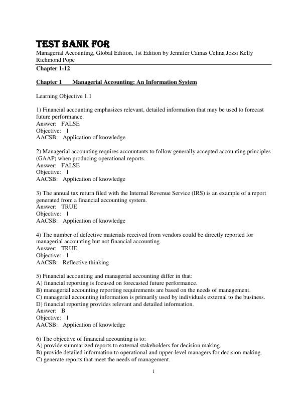 Test Bank For Managerial Accounting, Global Edition, 1st Edition by Jennifer Cainas Celina Jozsi Kelly Richmond Pope Chapter 1-12