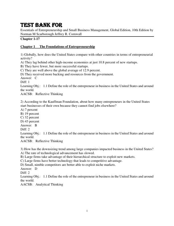 Test Bank For Essentials of Entrepreneurship and Small Business Management, Global Edition, 10th edition Norman M Scarborough Jeffrey R. Cornwall Chapter 1-17