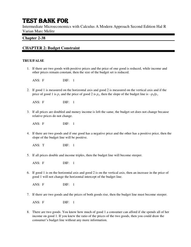 Test Bank For Intermediate Microeconomics with Calculus A Modern Approach Second Edition Hal R Varian Marc Melitz Chapter 2-38