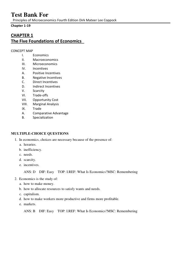 Test Bank For Principles of Microeconomics Fourth Edition Dirk Mateer Lee Coppock Chapter 1-19