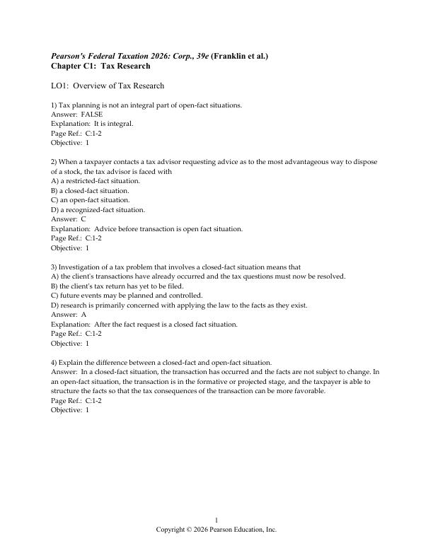 Test Bank For Pearson's Federal Taxation 2026 Corporations, Partnerships, Estates, & Trusts, 39th Edition by Luke E. Richardson Mitchell Franklin Chapter 1-15