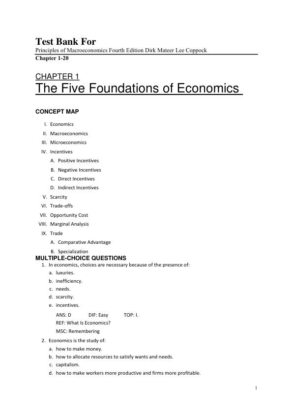 Test Bank For Principles of Macroeconomics Fourth Edition Dirk Mateer Lee Coppock Chapter 1-20