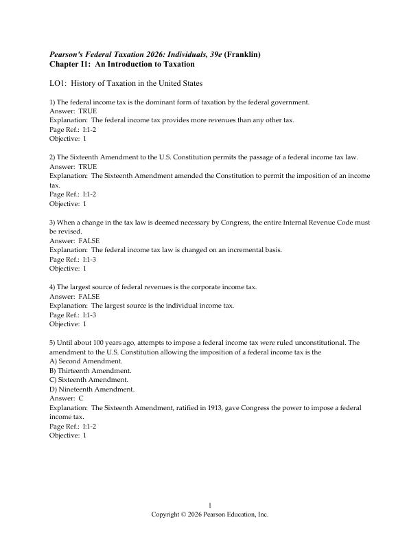 Test Bank For Pearson's Federal Taxation 2026 Individuals, 39th Edition by Mitchell Franklin Luke E. Richardson Chapter 1-18