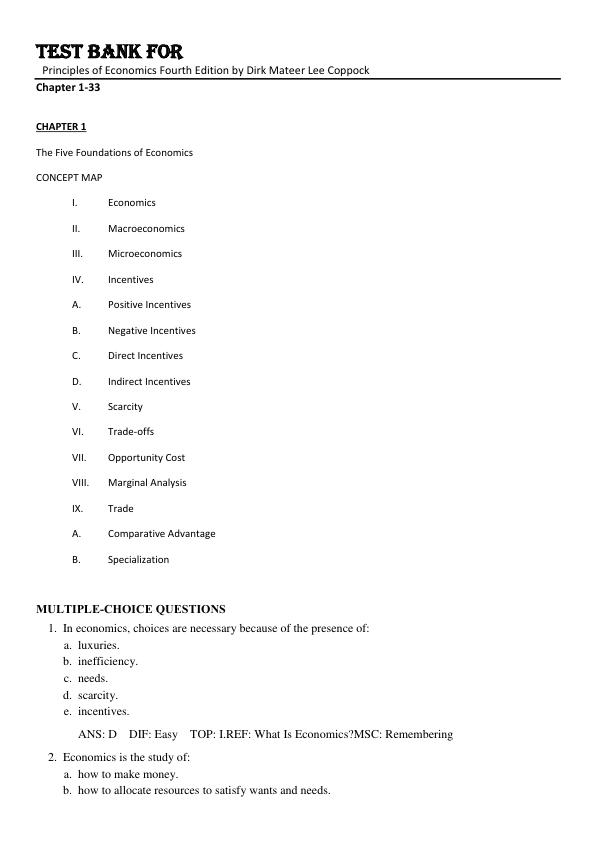 Test Bank For Principles of Economics Fourth Edition by Dirk Mateer Lee Coppock Chapter 1-33
