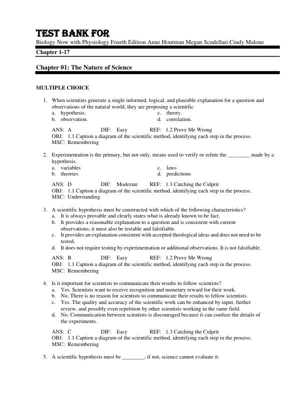 Test Bank For Biology Now with Physiology Fourth Edition Anne Houtman Megan Scudellari Cindy Malone Chapter 1-17