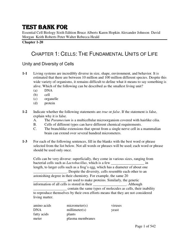 Test Bank For Essential Cell Biology Sixth Edition Bruce Alberts Karen Hopkin Alexander Johnson  David Morgan  Keith Roberts Peter Walter Rebecca Heald Chapter 1-20