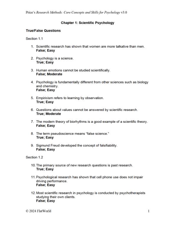 Test Bank For Research Methods Core Concepts and Skills for Psychology Version 3.0 By Paul C. Price Chapter 1-14