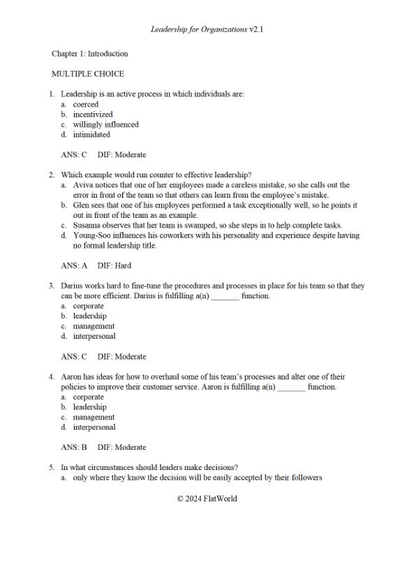 Test Bank For Leadership for Organizations Version 2.1 By David A. Waldman and Charles O’Reilly