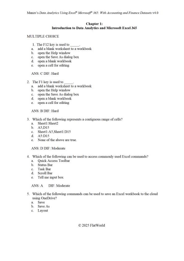 Test Bank For Data Analytics Using Excel® Microsoft® 365 With Accounting and Finance Datasets (with SmartGrader for Excel) Version 4.0 By Joseph M. Manzo Chapter 1-10