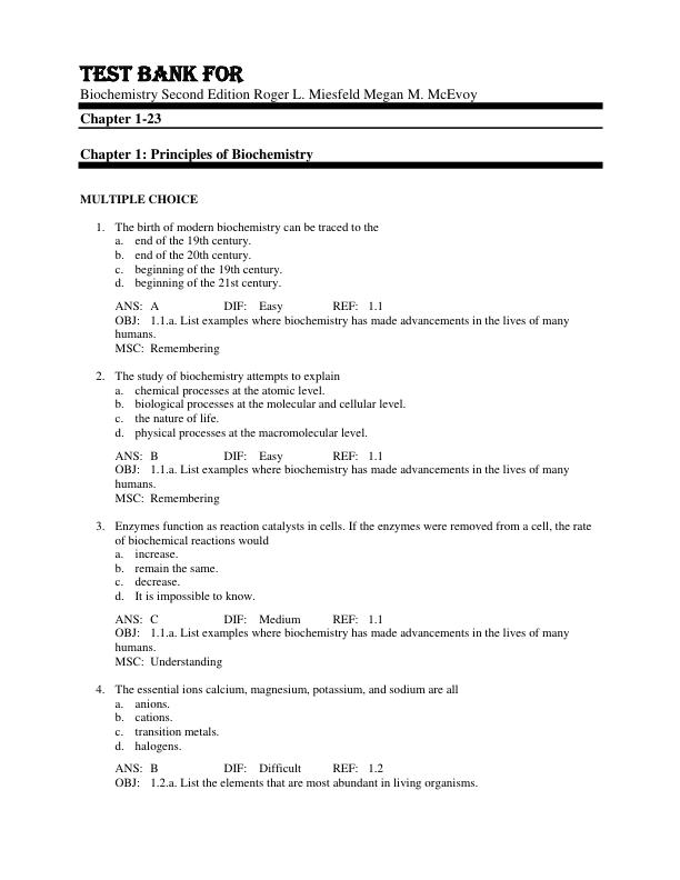 Test Bank For Biochemistry Second Edition Roger L. Miesfeld Megan M. McEvoy Chapter 1-23
