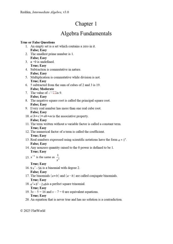 Test Bank For Intermediate Algebra Version 3.0 By John Redden Chapter 1-9