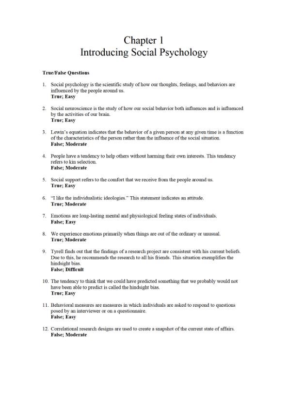Test bank For Principles of Social Psychology Version 3.0 By Charles Stangor and Sue Frantz Chapter 1-13