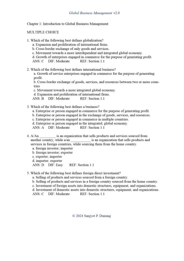 Test Bank For Global Business Management Version 2.0 By Sanjyot P. Dunung Chapter 1-15