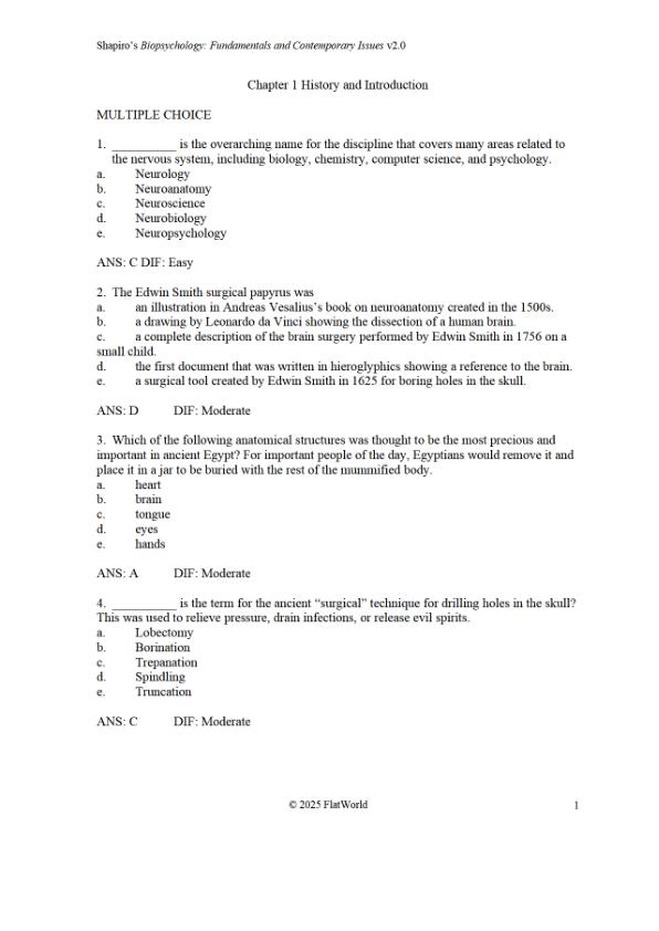 Test Bank For Biopsychology Fundamentals and Contemporary Issues Version 2.0 By Martin S. Shapiro Chapter 1-16
