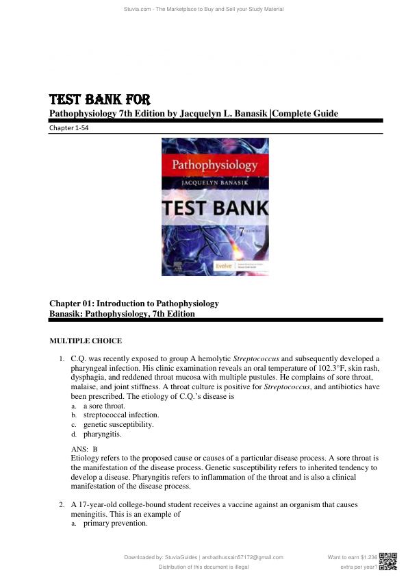 TEST BANK FOR Pathophysiology 7th Edition by Jacquelyn L. Banasik Complete Guide Chapter 1-54