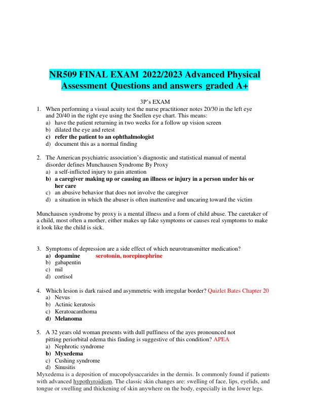 NR509 FINAL EXAM 2022,2023 Advanced Physical Assessment questions and answers A