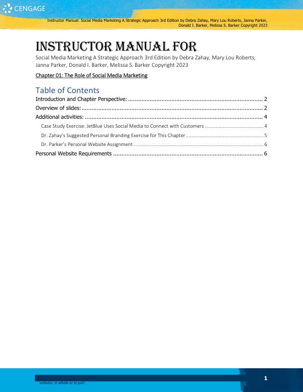 Solution Manual For Social Media Marketing A Strategic Approach 3rd Edition by Debra Zahay, Mary Lou Roberts, Janna Parker, Donald I. Barker, Melissa S. Barker Copyright 2023 Chapter 1-14